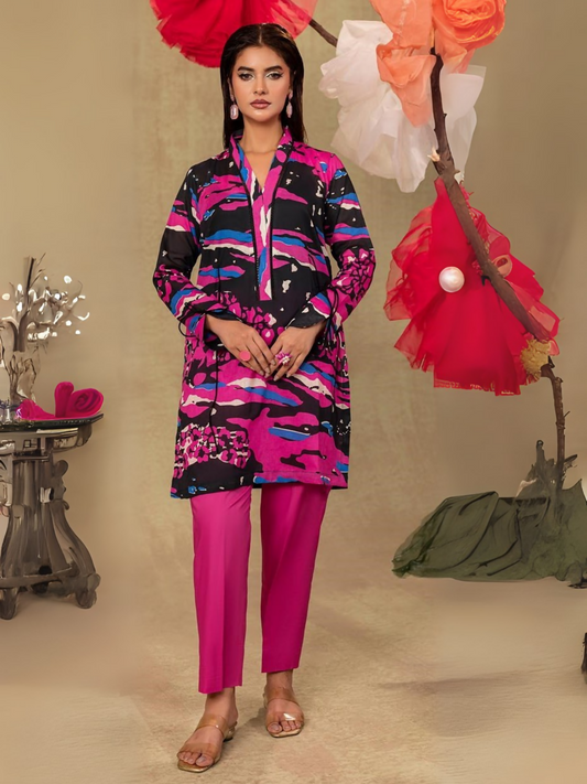 Unstitched 2-piece suit with black printed shirt featuring pink, blue, and white patterns and plain dyed pink trouser, suitable for casual wear.