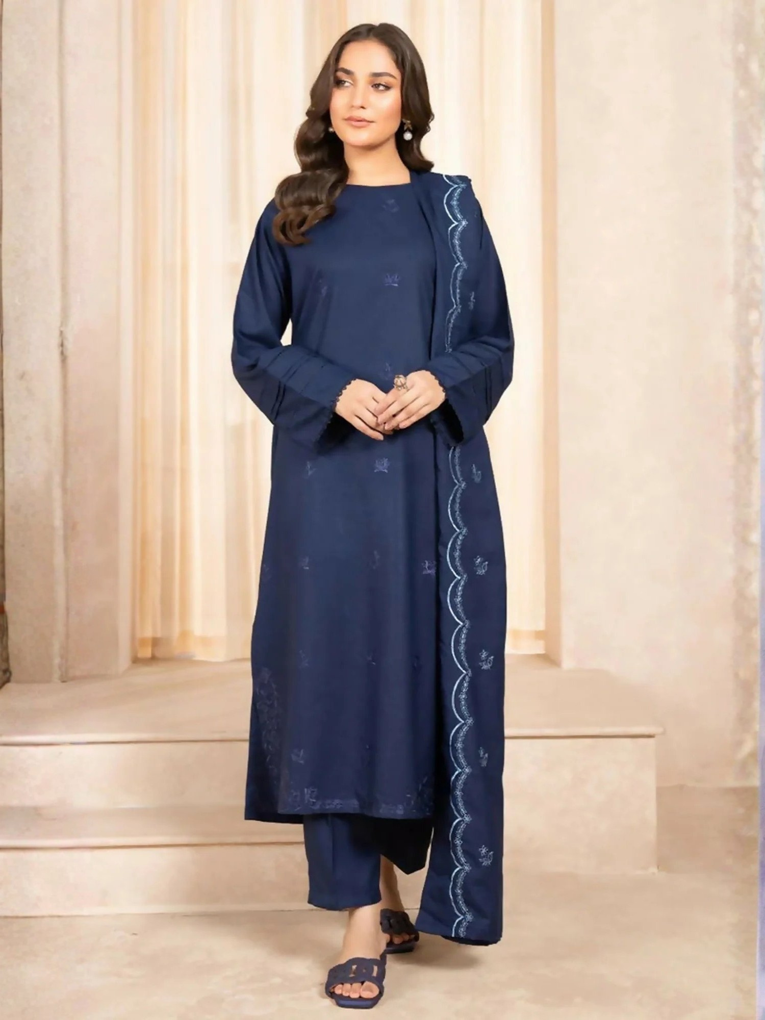 Zeephire Dhanak Embroidered Stitched 3-Piece Suit-Navy Azurita