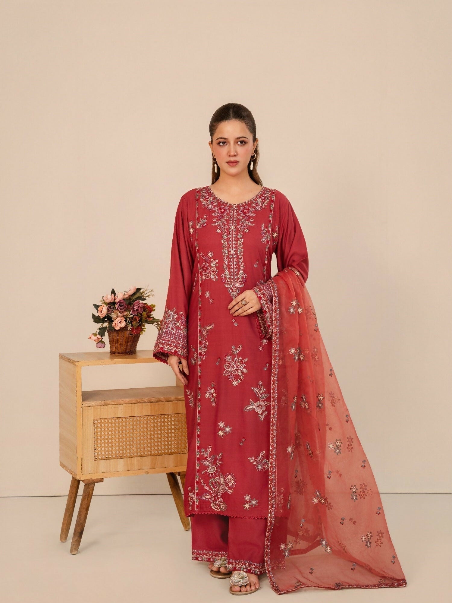 Stylish Collection Royal Pret Linen Embroidered Stitched 3-Piece Suit-Dusty Rose