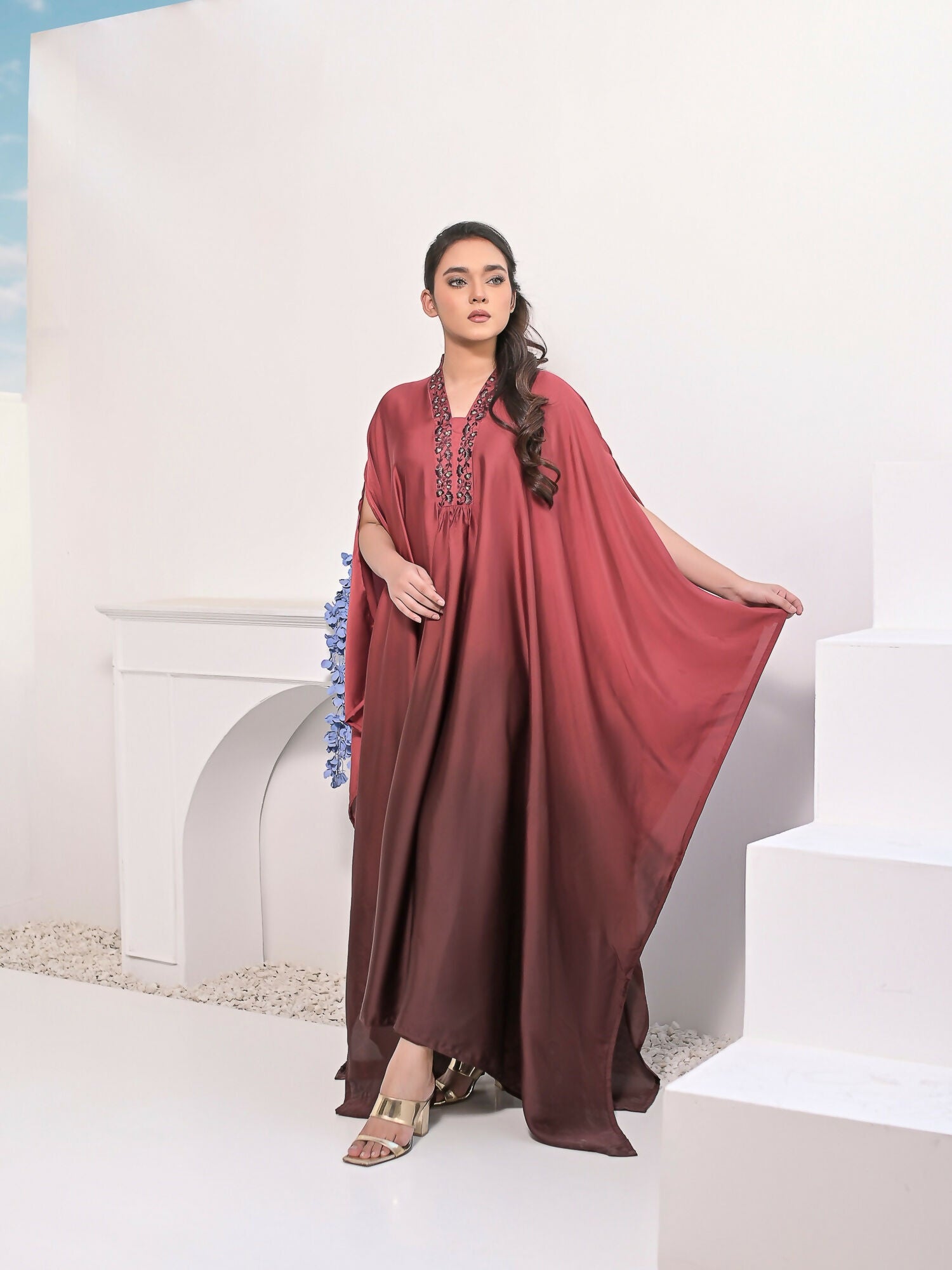 Ruby's Couture Haute & Chic Silk Embroidered Kaftan Set-Misty