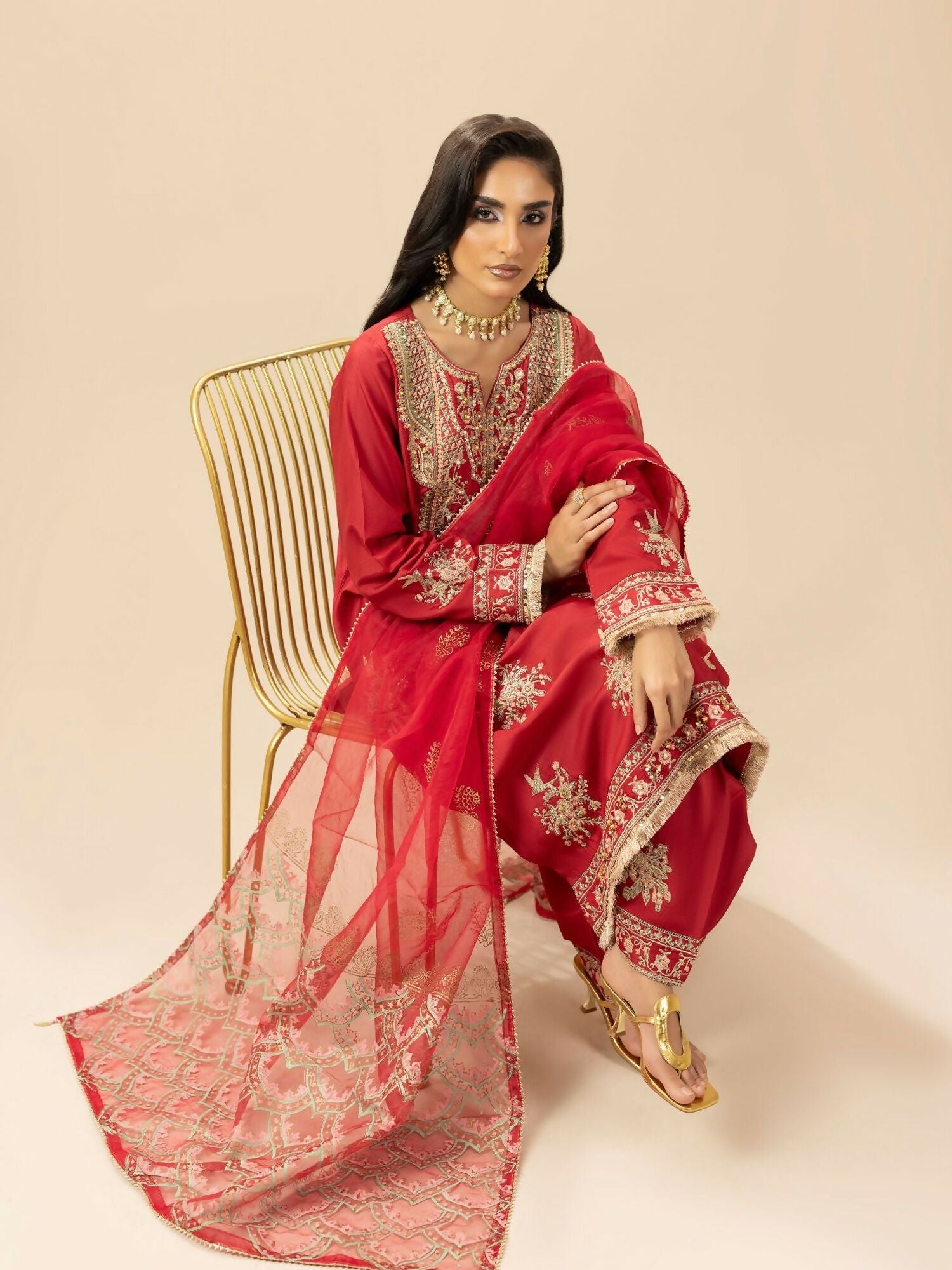 Shurooq Garden Of Dreams Silk Embellished Stitched 3-Piece Suit-Crimson