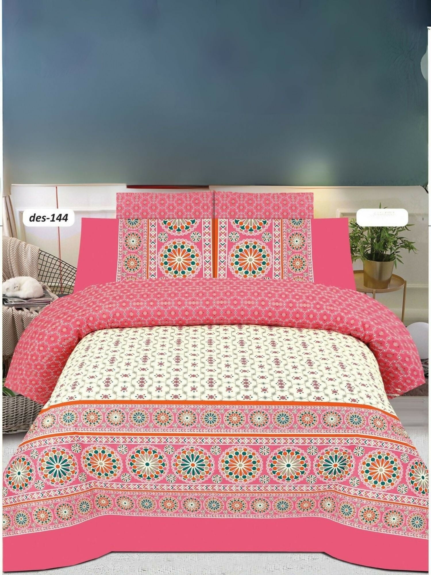 Pink king-size bedsheet with white and colorful mandala art and two matching pillow covers in poly cotton