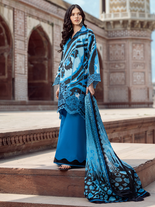 Embroidered digital printed shirt with organza sleeve and daman lace, chiffon dupatta, and dyed cotton trouser.