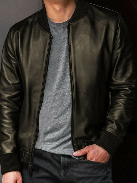Imported luxe PU leather bomber jacket with soft velvet lining, timeless bomber style, and elegant modern design for casual or semi-formal wear.