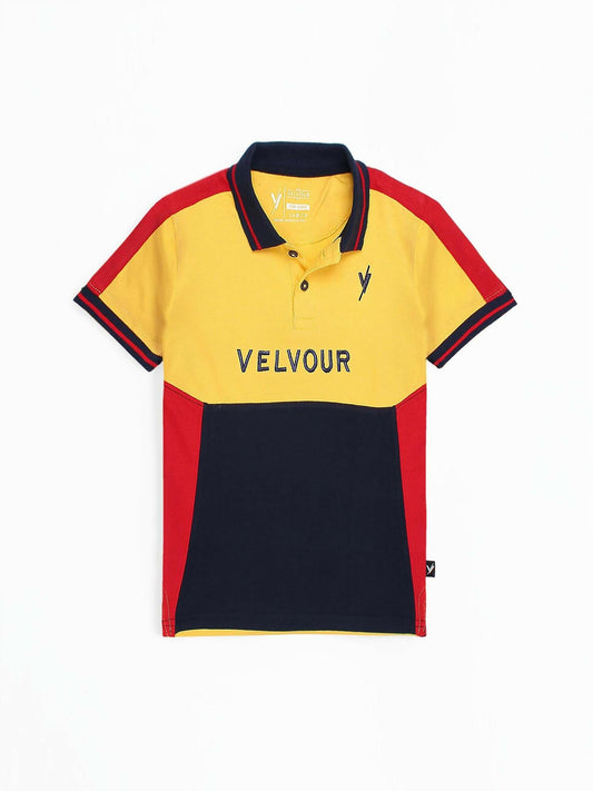 Half sleeve embroidered polo shirt for boys and men, featuring Velvour branding, tipping collar, and breathable piqué fabric – ideal for summer wear.