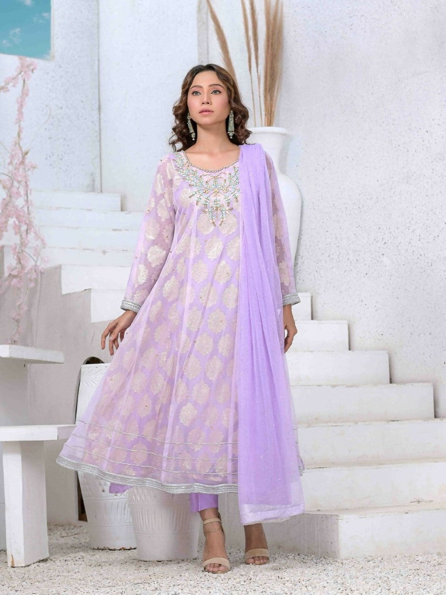 Ruby's Couture Ashiyana Net & Jacquard Embroidered Stitched 3-Piece Suit-Annika