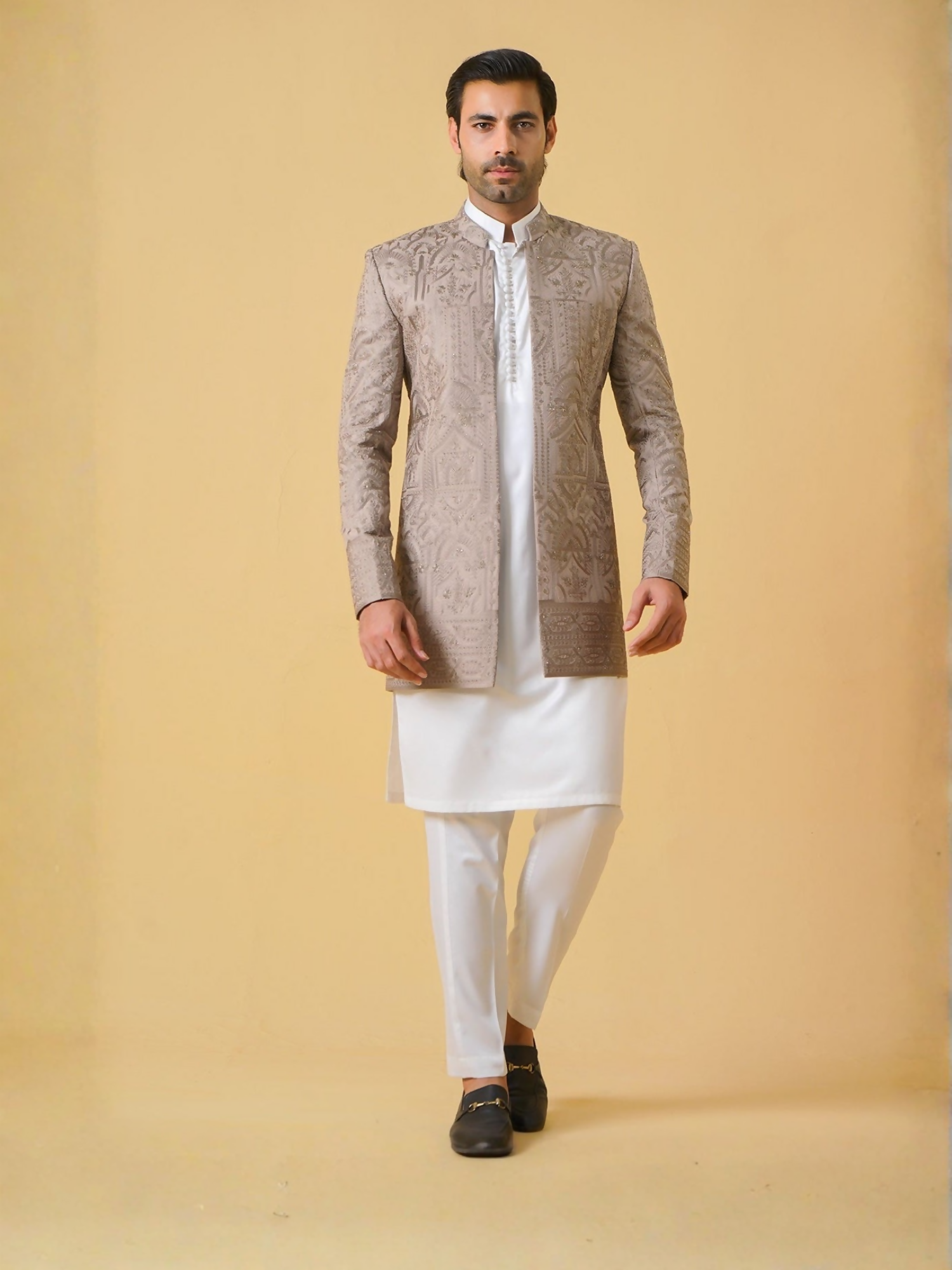 Gem Garments Janaan Jacquard Embellished Prince Coat-Kashida