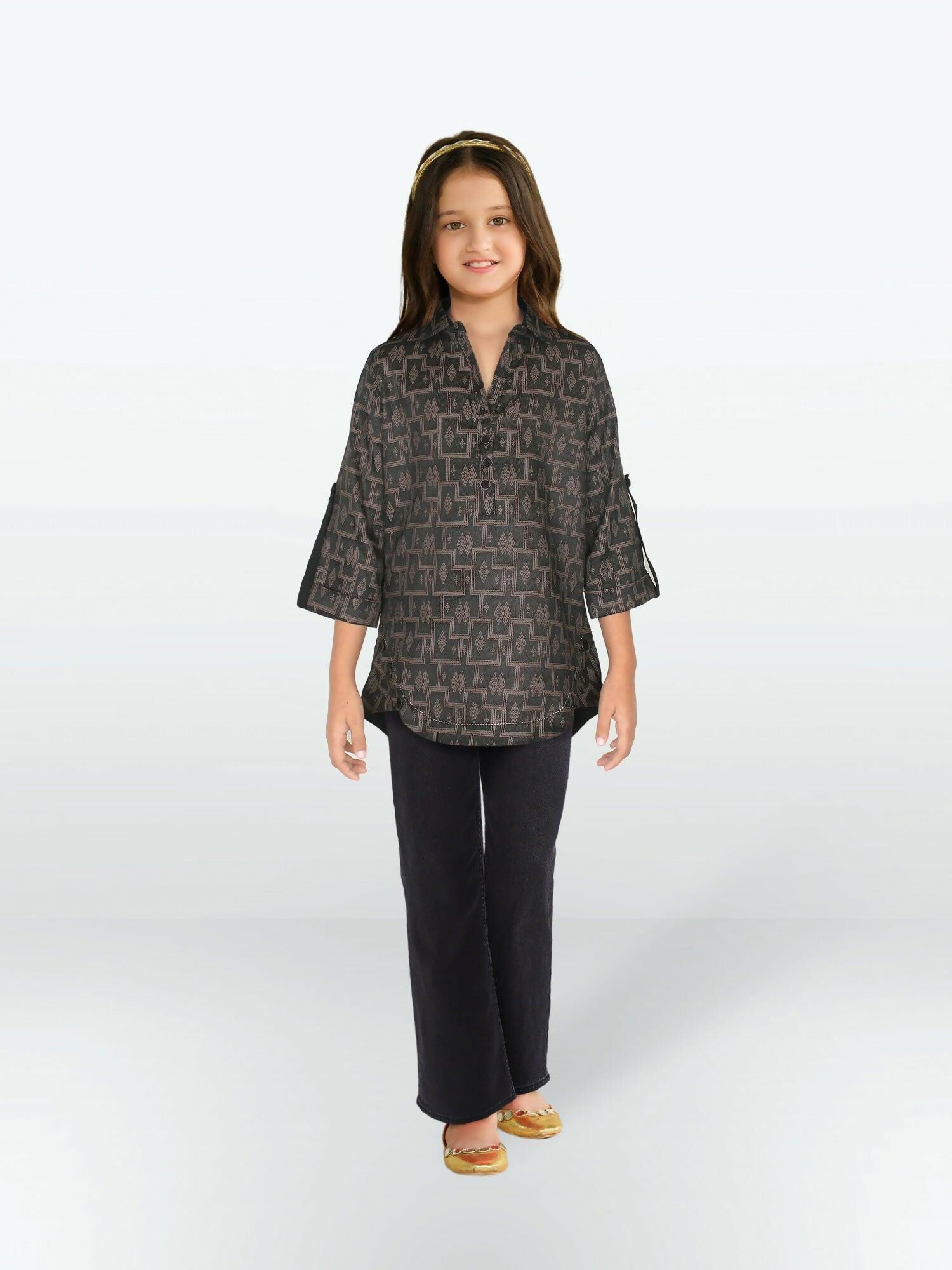 Charcoal Brown Velvour Girls Printed Stitched Tunic-VG124-B