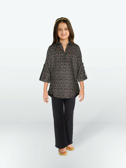 Charcoal Brown Velvour Girls Printed Stitched Tunic-VG124-B