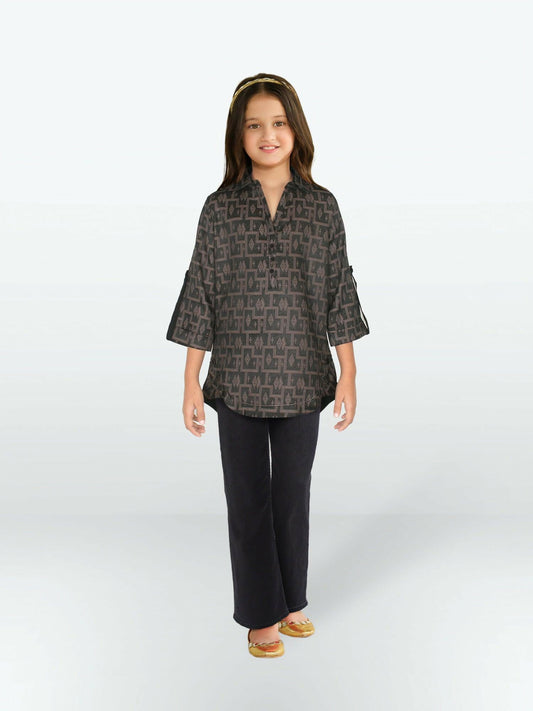 Charcoal Brown Velvour Girls Printed Stitched Tunic-VG124-B