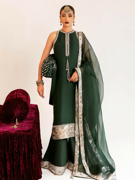 Hussain Rehar navy blue raw silk embroidered shirt with hand embellishments, side slit raw silk shalwar, and scalloped organza dupatta with tassel detail