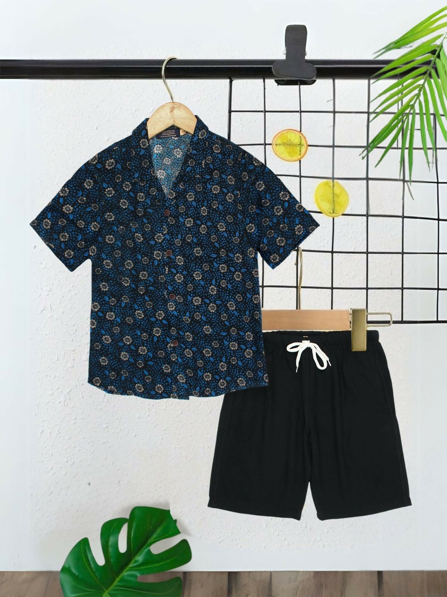 Blue and Black Velvour Boys & Girls Printed Co-ord Set-VC25