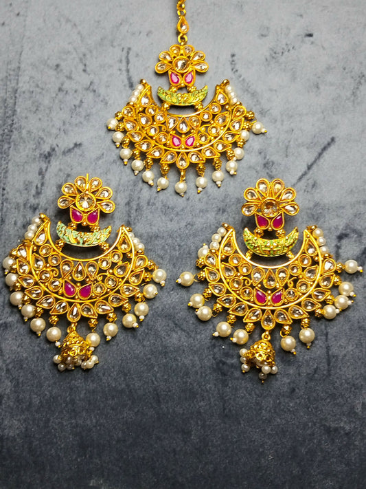 H&A Jewelry Indian Polki earring and maang tikka set adorned with real stones, featuring traditional and elegant design for festive occasions.