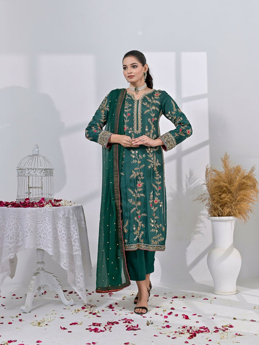 Ruby's Couture Chamak Dhamak Sheesha Silk Embellished Stitched 3-Piece Suit-Zaabya