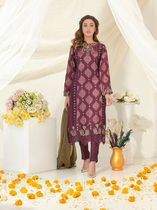 Ruby's Couture Gul-Bahar Khadi Embroidered Stitched 3-Piece Suit-Pariza