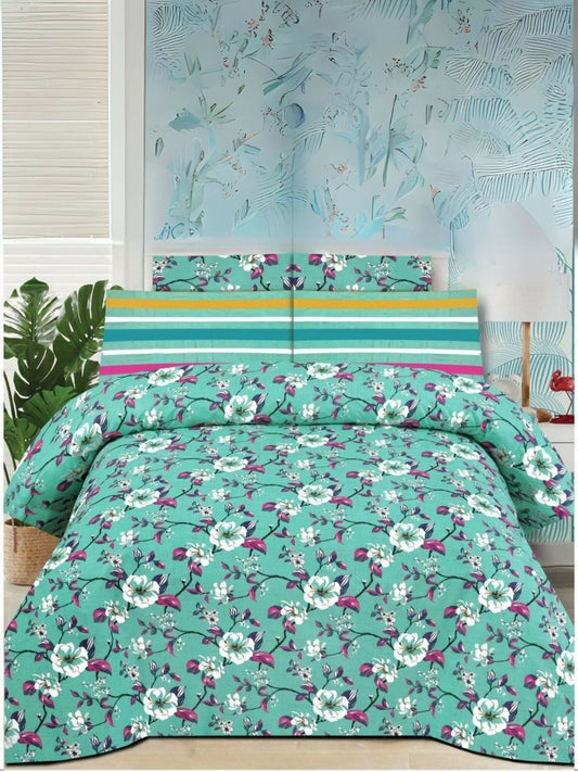Mint green comforter set with white floral design – 6-piece poly cotton bedding set including comforter, bedsheet, and 4 pillow covers.