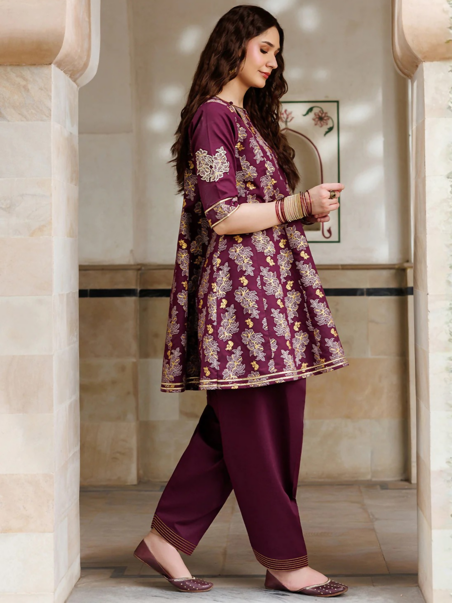 Maroon Panache Apparel Noor Mahal Cotton Printed Stitched Suit-Seraya