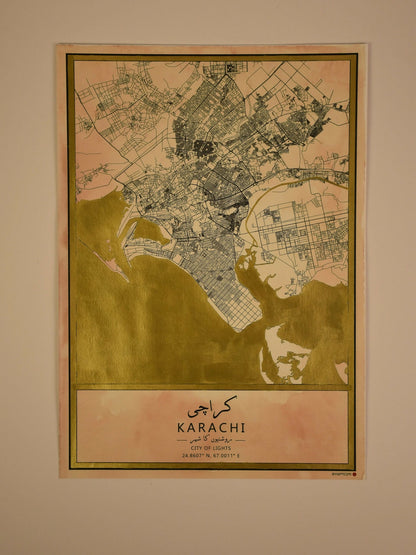 MappedPK Karachi Gold Hand Painted Map