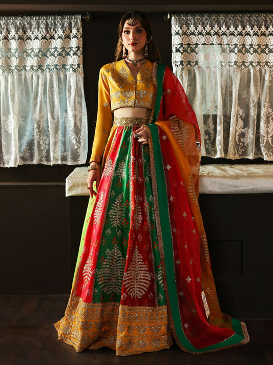 Mahnur embroidered unstitched 3-piece silk and organza suit with embroidered dupatta and raw silk trousers