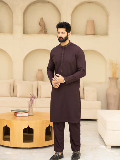 Fabrich Men Wash & Wear Embroidered Unstitched Shalwar Kameez-Maroon Oak