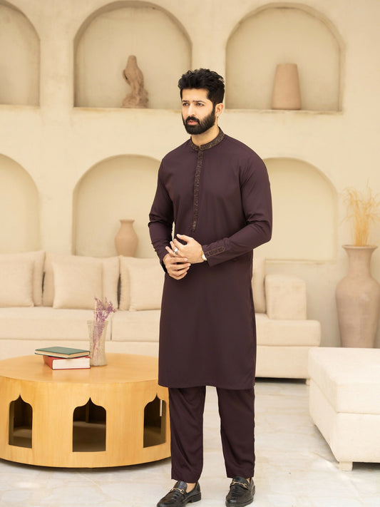 Fabrich Men Wash & Wear Embroidered Unstitched Shalwar Kameez-Maroon Oak