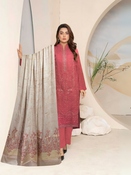 Elegant embroidered lawn suit with jacquard dupatta and cotton trouser.