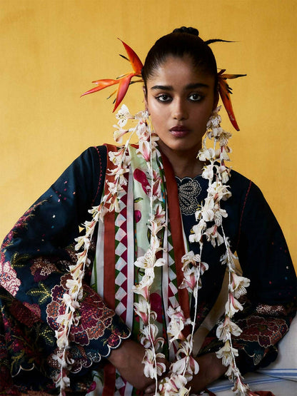 Jugnu by Hussain Rehar SS'25 Eid Pret Cotton Embroidered 3-Piece Suit-Silva