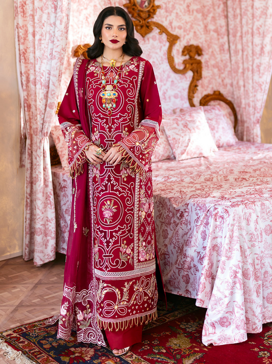 Unstitched 3-piece embroidered suit with embroidered lawn shirt, dyed trouser, and embroidered cotton net dupatta.