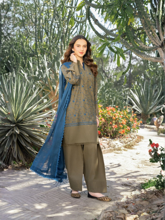Panache Apparel Winter Whisper Linen Embroidered Stitched Suit-Mahnoor