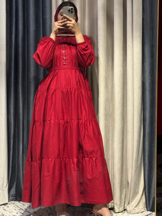 Kachy Dhaagy mehroon cotton tiered maxi with cinched waist and full sleeves.