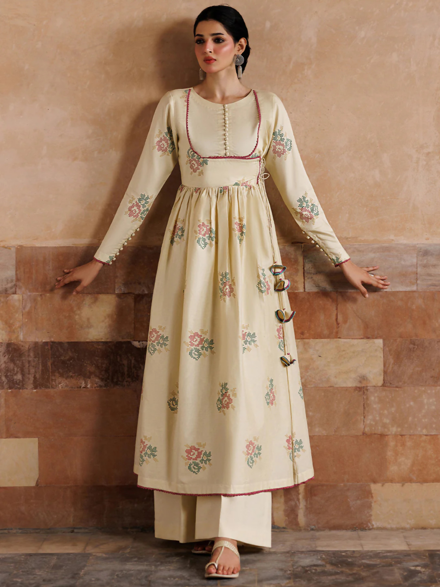 Cream Panache Apparel Noor Mahal Cotton Printed Stitched Suit-Noorzaad