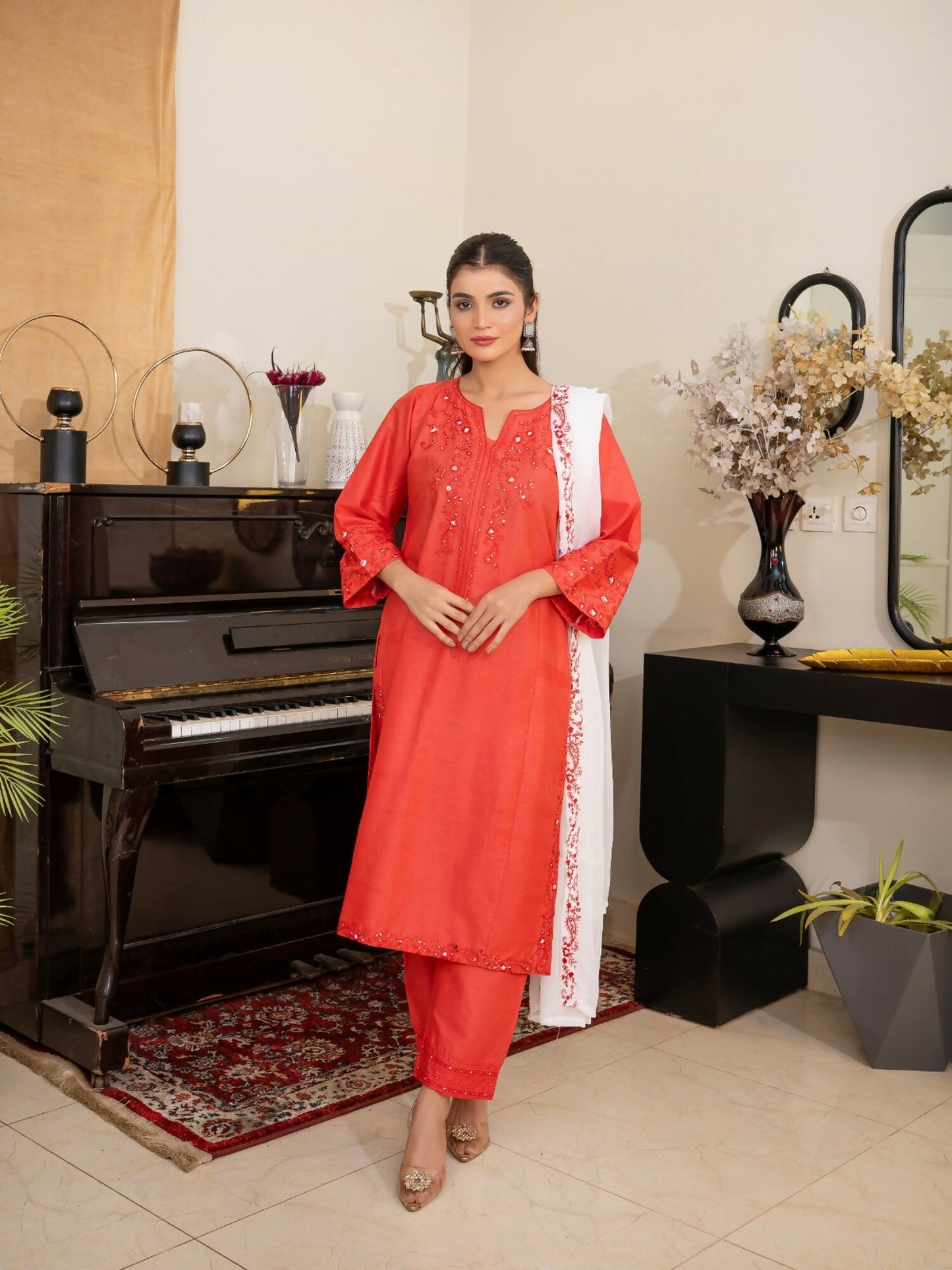 Tehzeeb Libas Cotton Lawn Embroidered Stitched 3-Piece Suit-FLAME AURA