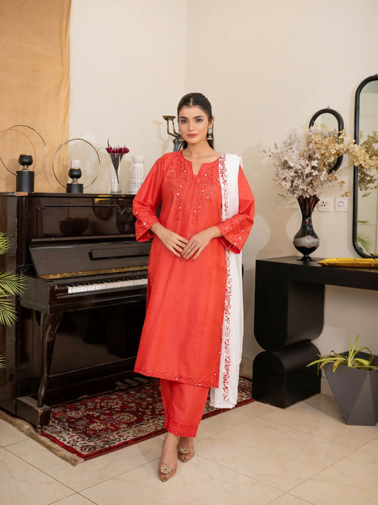 Tehzeeb Libas Cotton Lawn Embroidered Stitched 3-Piece Suit-FLAME AURA
