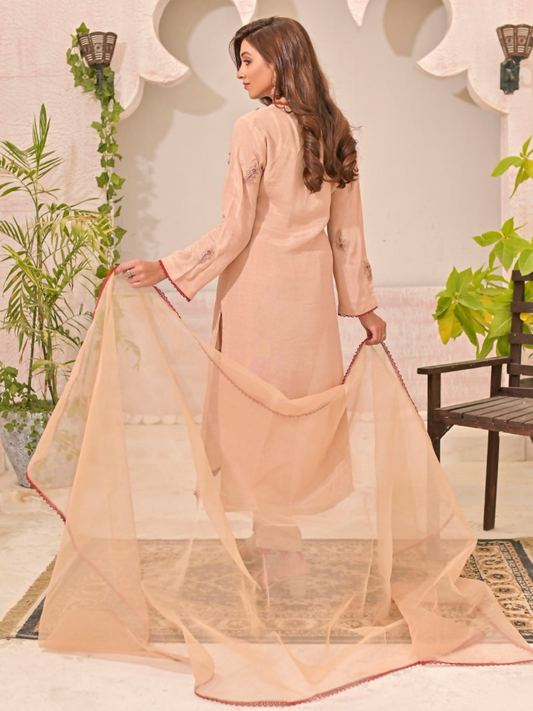 Ruby's Couture Panache Raw Silk Embroidered Stitched 3-Piece Suit-Marigold