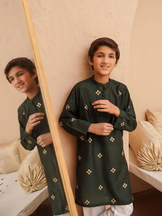 Kidoz Kloset Cotton Silk Printed Kurta Pajama-Emerald Aura-Boy