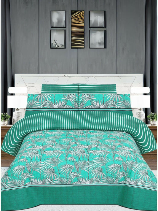 Salonika export quality king size bedsheet set in poly cotton fabric with matching pillow covers, neatly arranged on a bed.