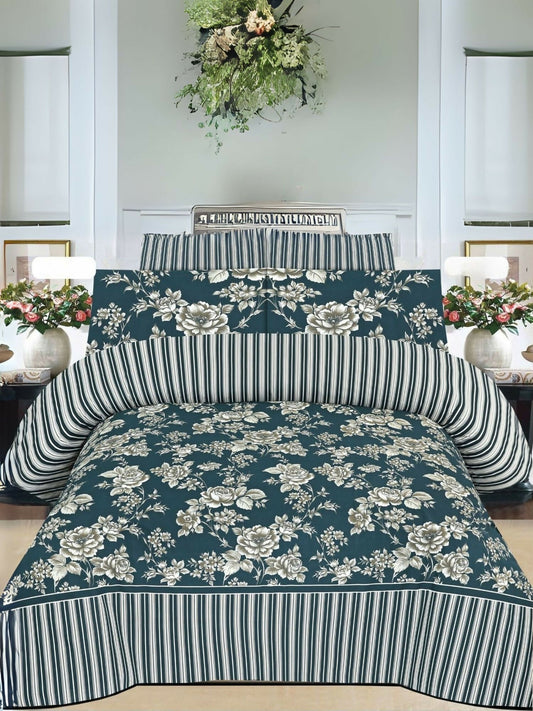 Dark green king-size bedsheet with white floral design and two matching pillow covers in poly cotton