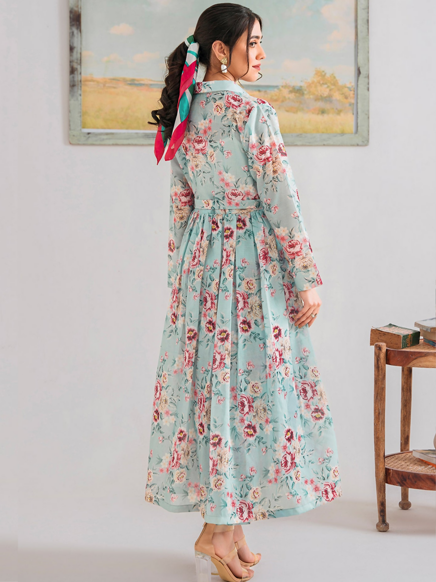 Panache Apparel Chambray Katan Printed Stitched 2-Piece Suit-Camellia