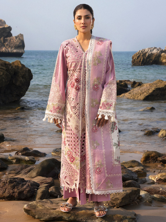 Unstitched 3-piece embroidered suit with embroidered lawn front, embroidered back, dyed sleeves, embroidered and printed dupatta, dyed trouser, and lining fabric