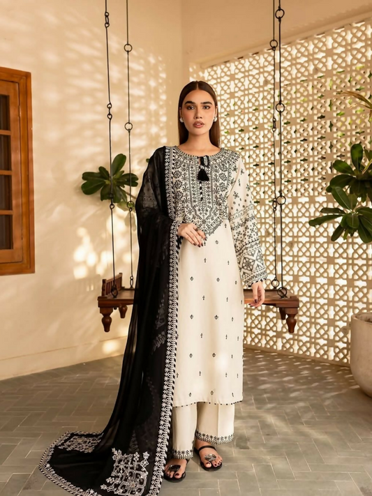 Tehzeeb Libas stitched 3-piece suit with embroidered ivory lawn shirt and trousers, paired with black chiffon dupatta featuring detailed threadwork.
