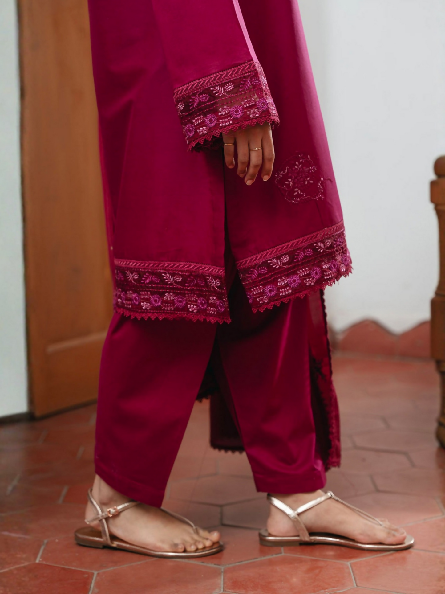 Mannat Clothing Lawn Embroidered Stitched Suit-Carnation