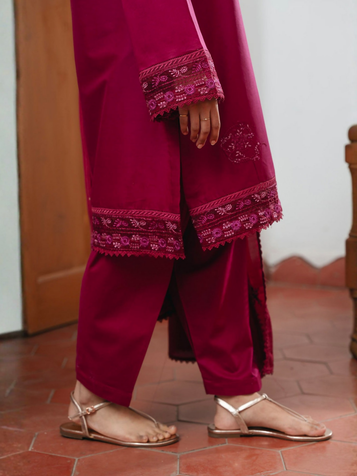 Mannat Clothing Lawn Embroidered Stitched Suit-Carnation