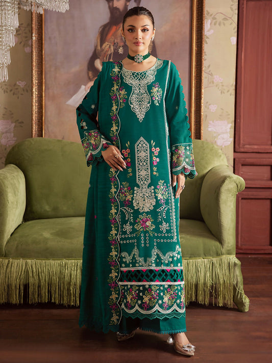 Unstitched 3-piece khaddar suit with embroidered shirt, organza borders, embroidered wool shawl, and plain dyed trouser from Mahnur Nova Khaddar ’25 collection.