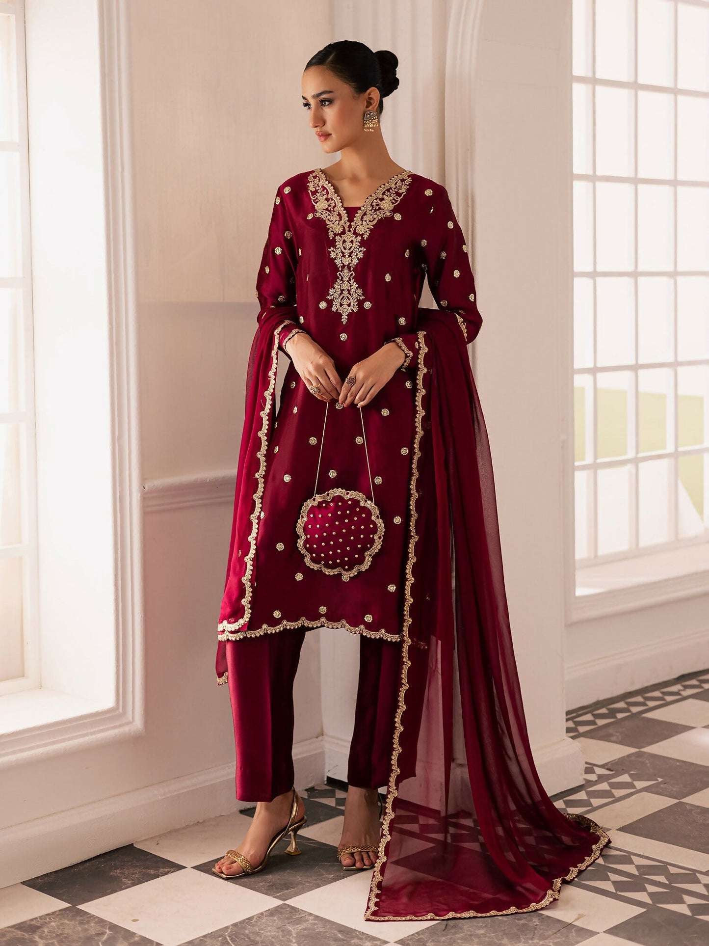 Allure By IH Be-My-Guest Thai Silk Embroidered Stitched 3-Piece Suit-Burberry