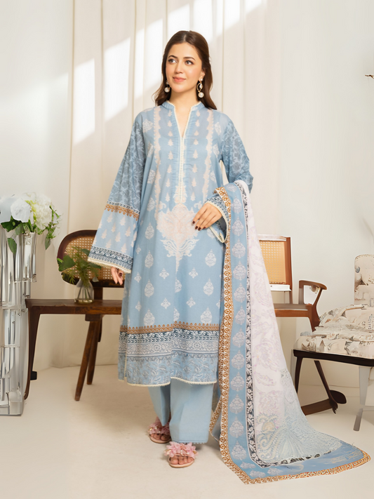 Sky blue printed lawn suit with multicolor voile dupatta