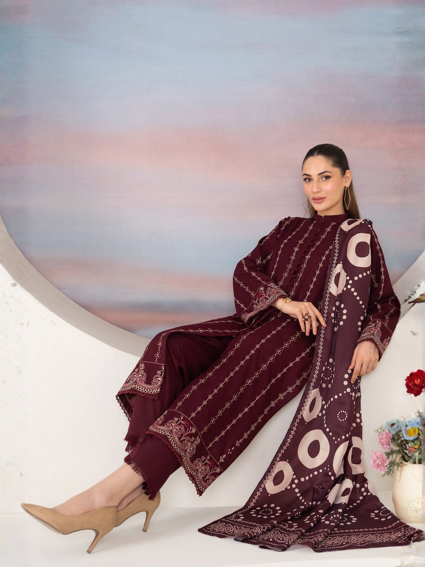 Panache Apparel Winter Basics Linen Embroidered Stitched 3-Piece Suit-Plum Royale