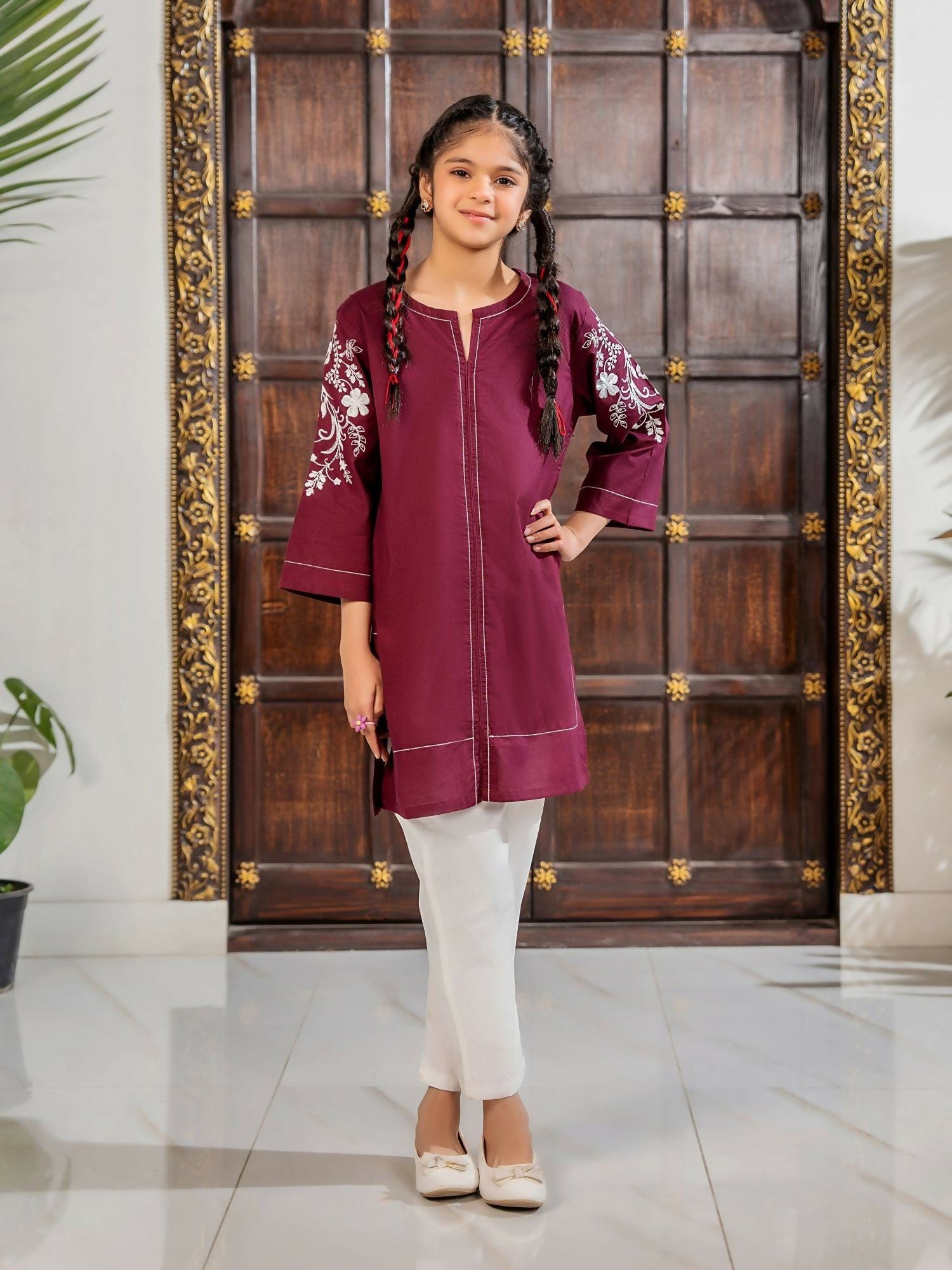 Deep Maroon Velvour Girls Embroidered Stitched Tunic-VG105-A