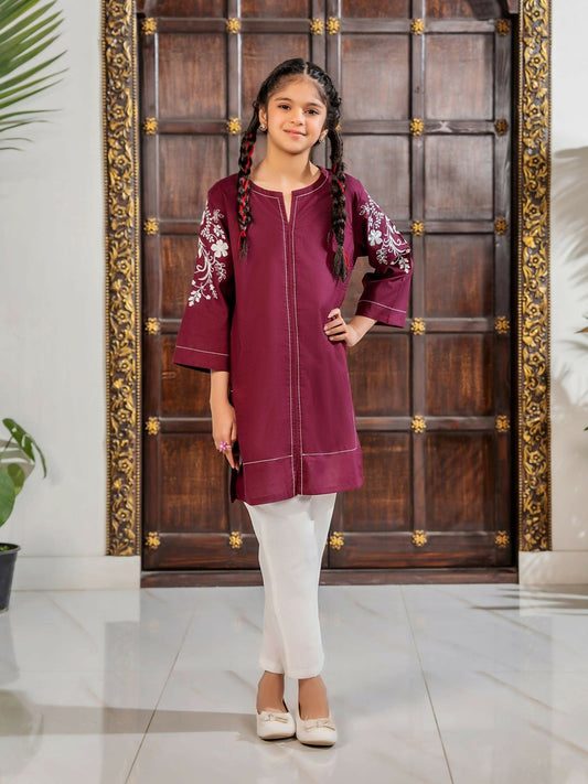 Deep Maroon Velvour Girls Embroidered Stitched Tunic-VG105-A