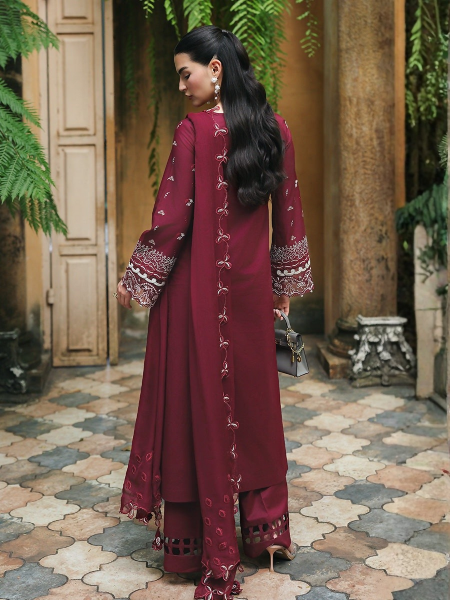 Qalamkar Qline Lawn Drop-1 Embroidered Unstitched 3-Piece Suit-RP-12-Garnet