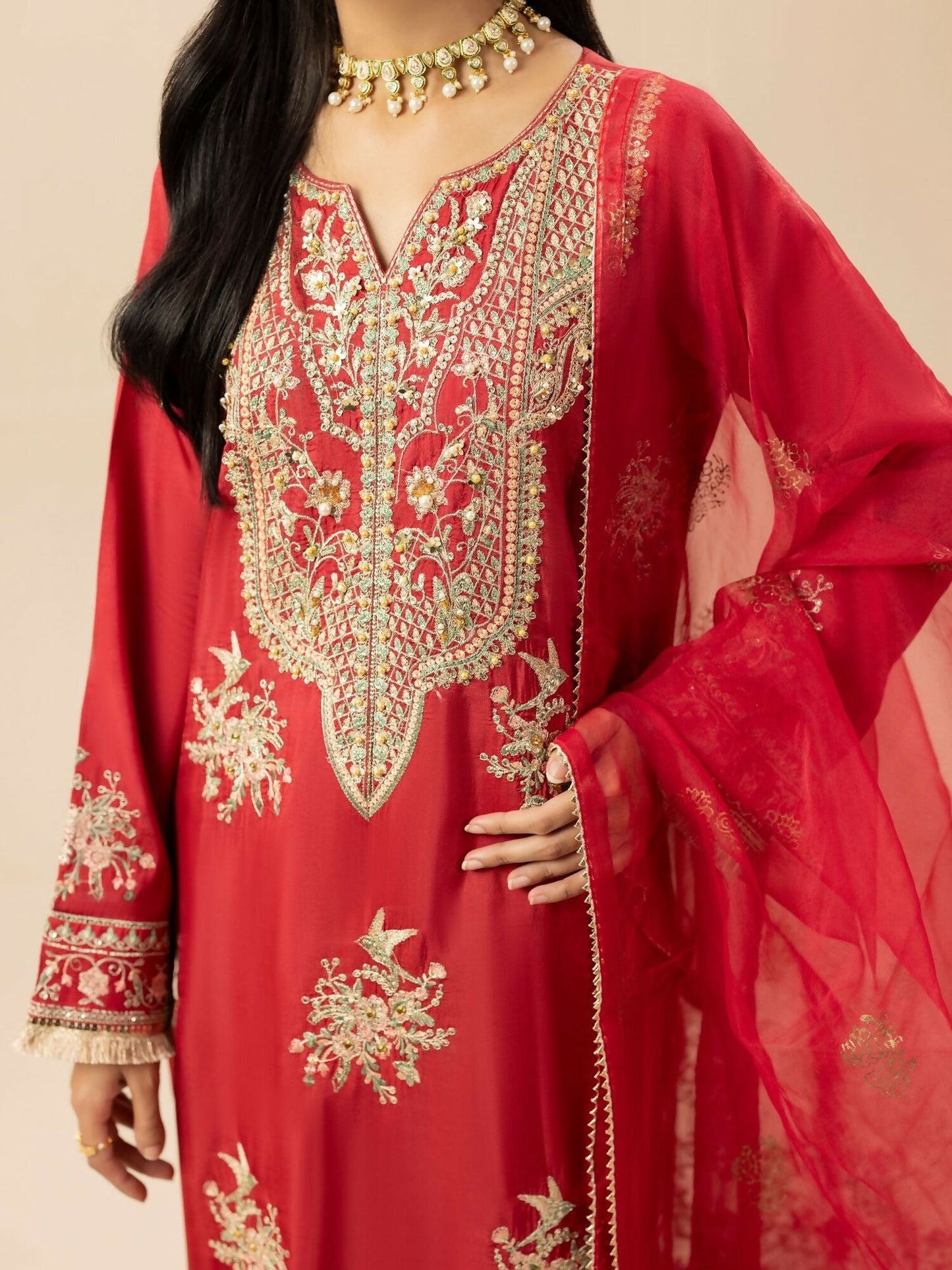 Shurooq Garden Of Dreams Silk Embellished Stitched 3-Piece Suit-Crimson
